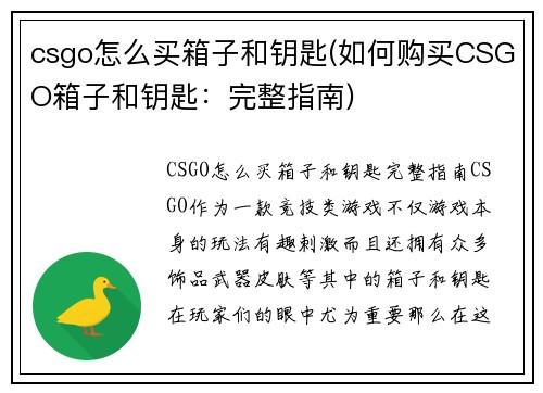 csgo怎么买箱子和钥匙(如何购买CSGO箱子和钥匙：完整指南)